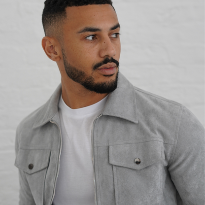 Men's Gray Suede Jacket Stylish Athletic Fit Pockets 1