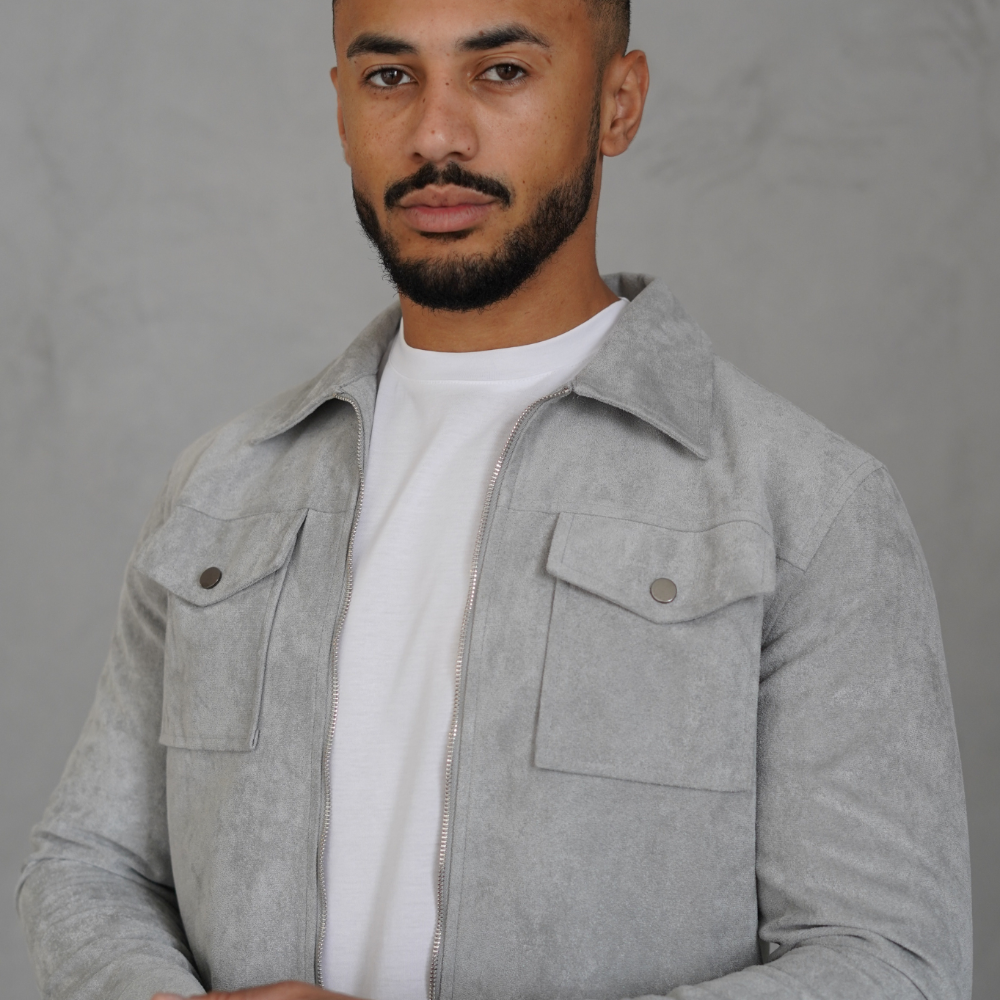 Men's Gray Suede Jacket Stylish Athletic Fit Pockets 2