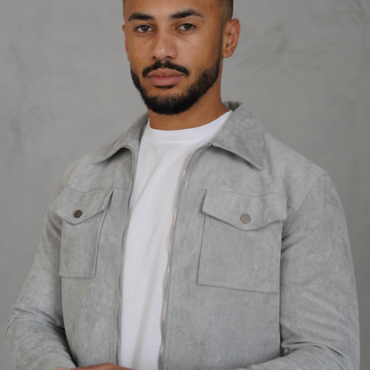 Men's Gray Suede Jacket Stylish Athletic Fit Pockets 2