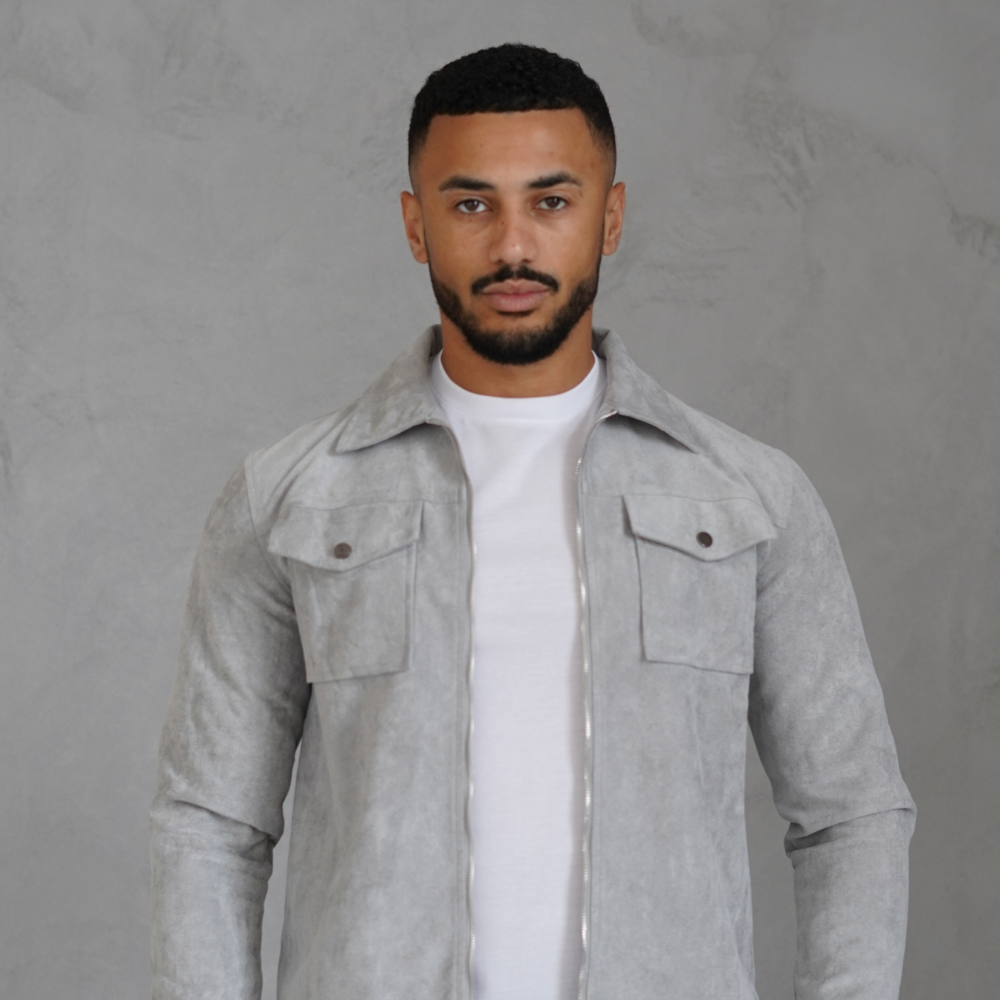 Men's Gray Suede Jacket Stylish Athletic Fit Pockets 3