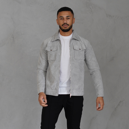 Men's Gray Suede Jacket Stylish Athletic Fit Pockets 4