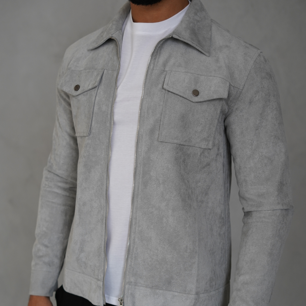 Men's Gray Suede Jacket Stylish Athletic Fit Pockets 5