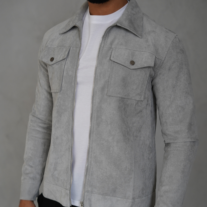 Men's Gray Suede Jacket Stylish Athletic Fit Pockets 5