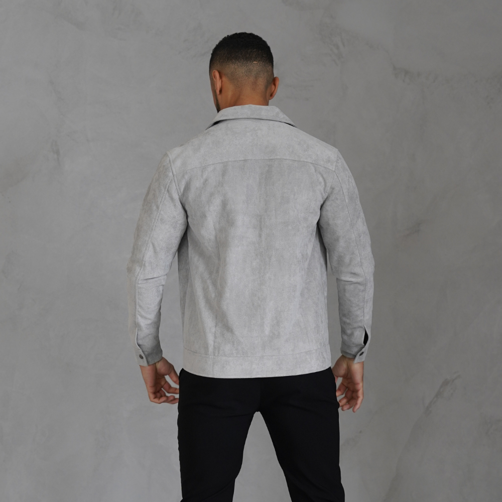 Men's Gray Suede Jacket Stylish Athletic Fit Pockets 6