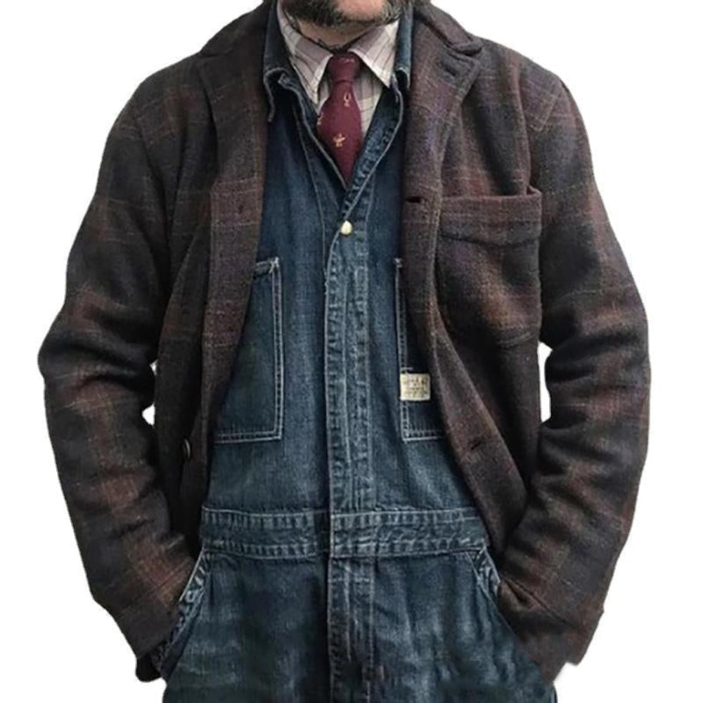 Men's Jacket Checkered Loose Fit Retro Cotton Blend