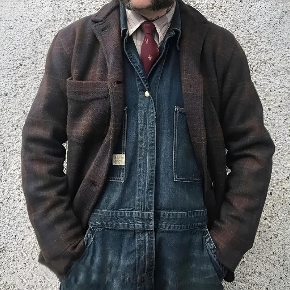 Men's Jacket Checkered Loose Fit Retro Cotton Blend