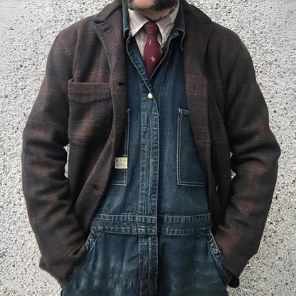 Men's Jacket Checkered Loose Fit Retro Cotton Blend