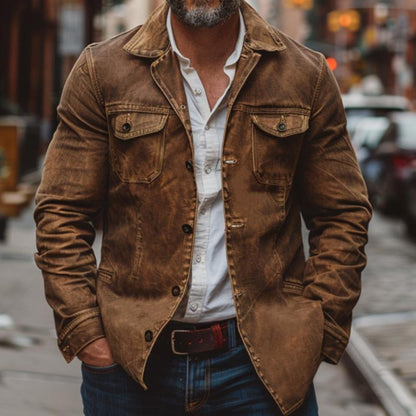 Men's Leather Jacket Vintage Heavy Washed Multi-Pocket Work Style 6