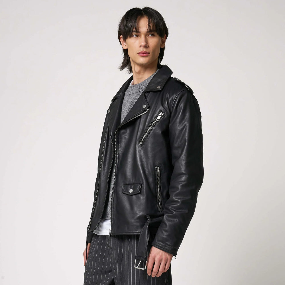 Men's Leather Motorcycle Jacket Slim Fit Windproof Stand-Up Collar 1