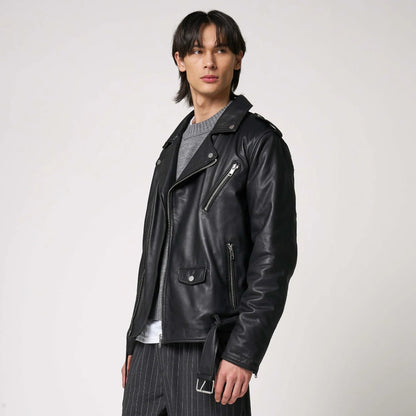 Men's Leather Motorcycle Jacket Slim Fit Windproof Stand-Up Collar 1