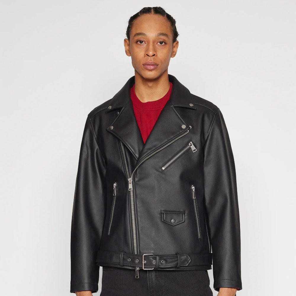 Men's Leather Motorcycle Jacket Slim Fit Windproof Stand-Up Collar 3