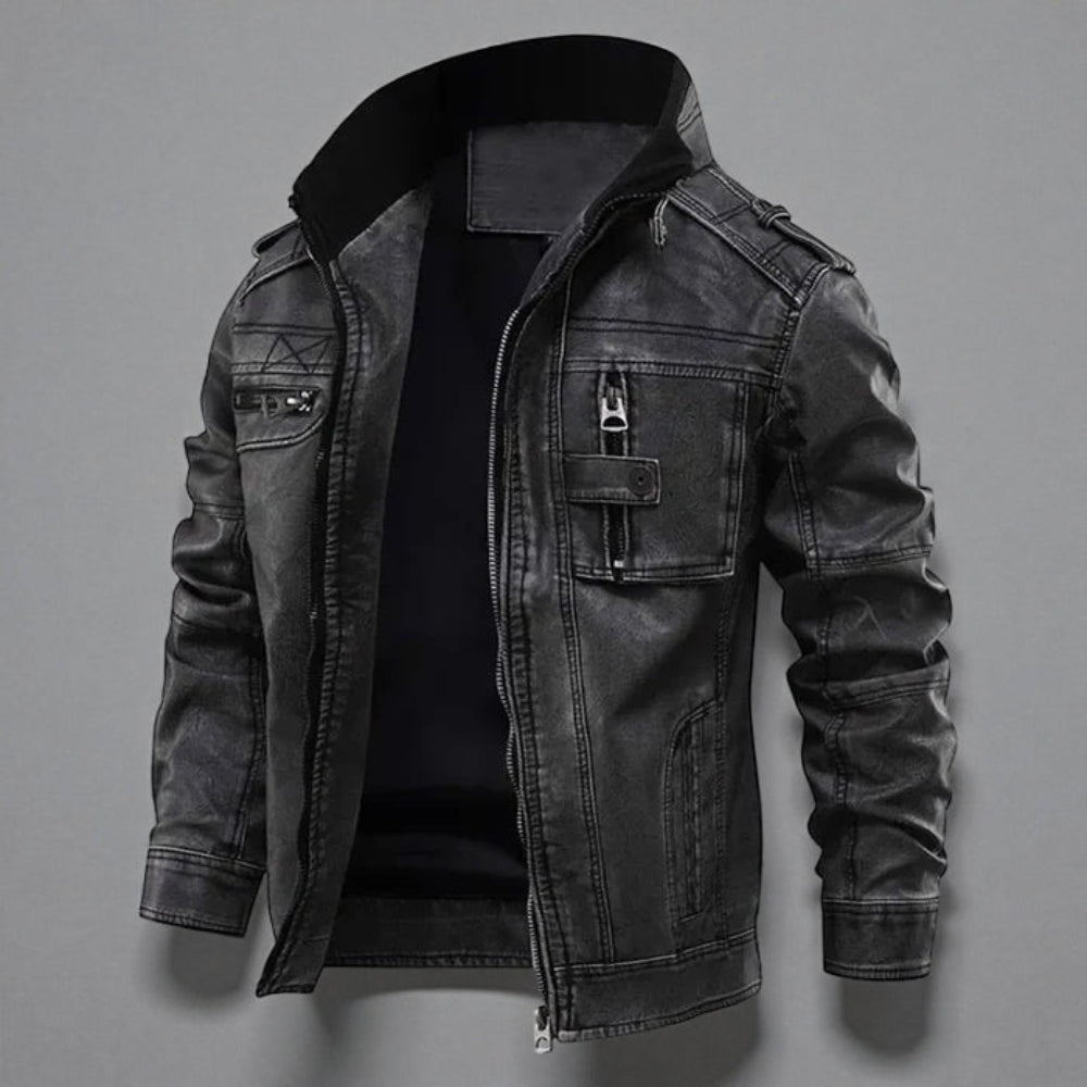 Men's Military Hooded Leather Bomber Jacket - Tactical