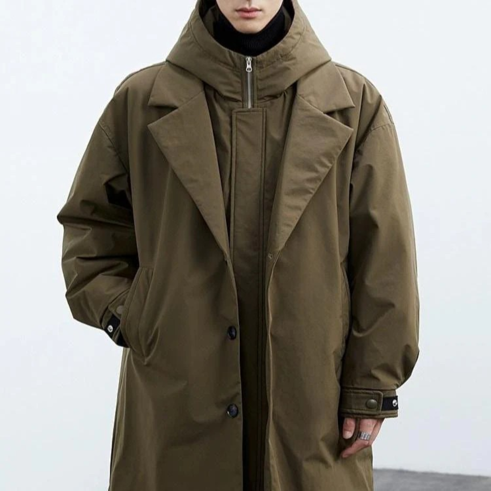 Men's Oversized Long Trench Coat - Classic Button Front