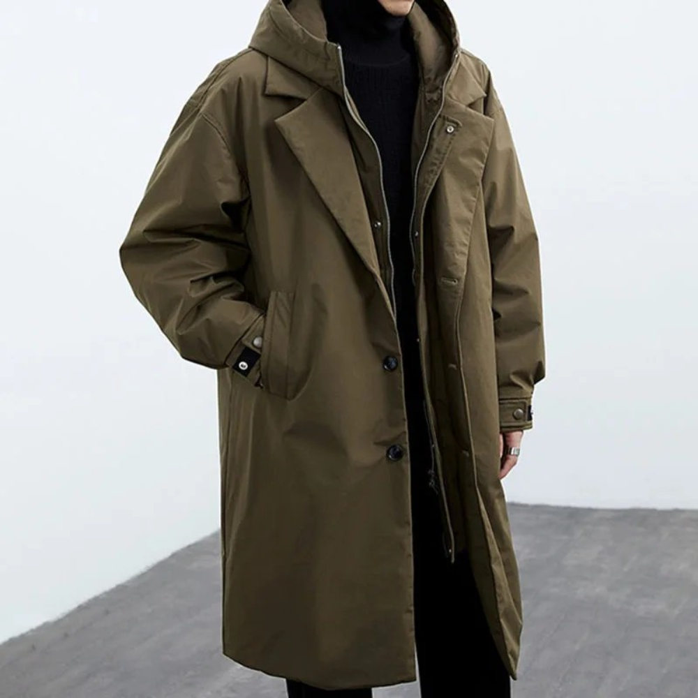 Men's Oversized Long Trench Coat - Classic Button Front