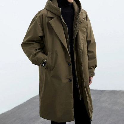 Men's Oversized Long Trench Coat - Classic Button Front