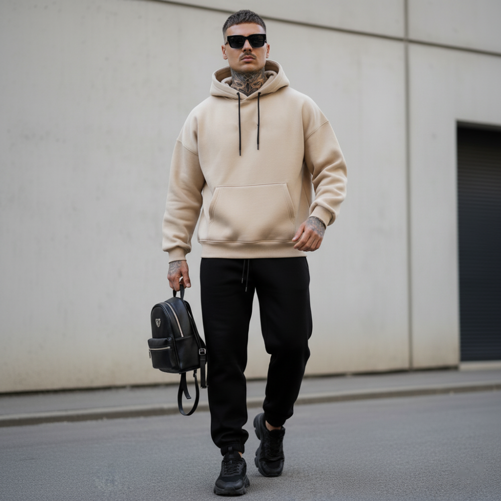 Men's Oversized Pullover Hoodie - Long Sleeve Drawstring