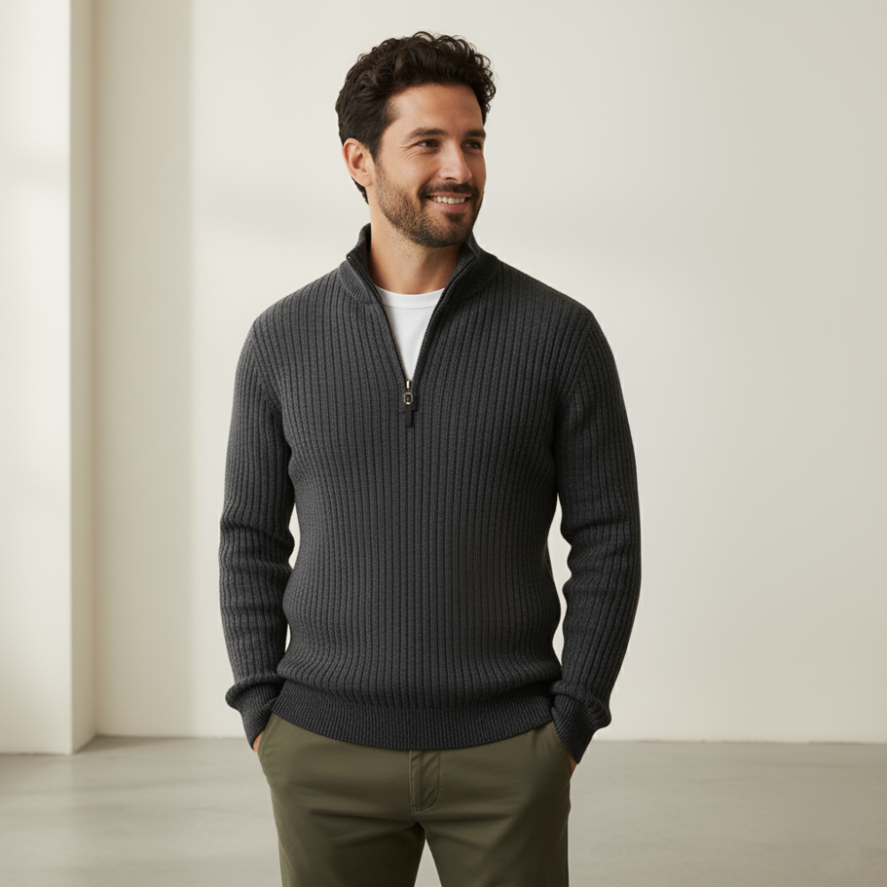 Men's Ribbed Knit Quarter Zip Sweater - Classic Long Sleeve