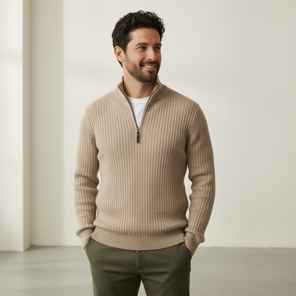 Men's Ribbed Knit Quarter Zip Sweater - Classic Long Sleeve