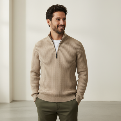 Men's Ribbed Knit Quarter Zip Sweater - Classic Long Sleeve