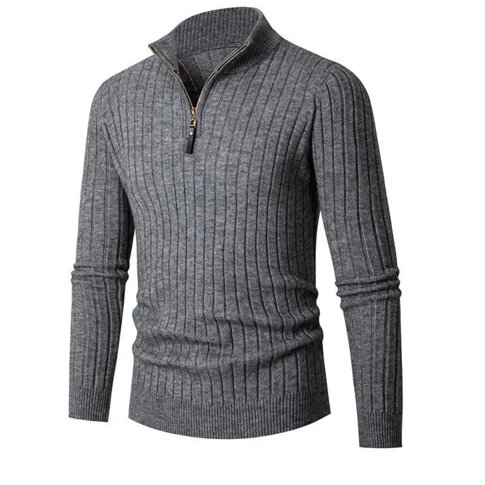 Men's Ribbed Knit Quarter Zip Sweater - Classic Long Sleeve