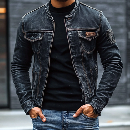 Men's Slim Fit Vintage Washed Denim Jacket Baseball Collar Style 1