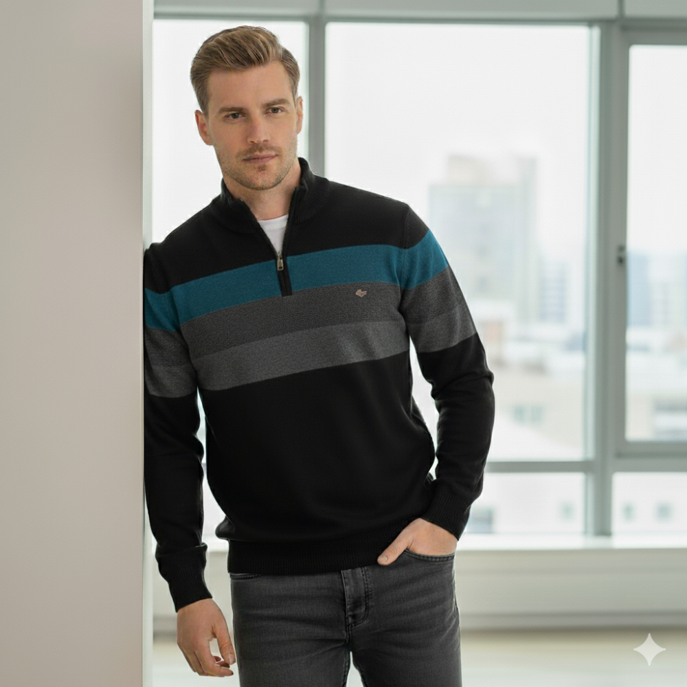 Men's Striped Quarter Zip Sweater - Long Sleeve Pullover