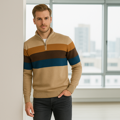 Men's Striped Quarter Zip Sweater - Long Sleeve Pullover