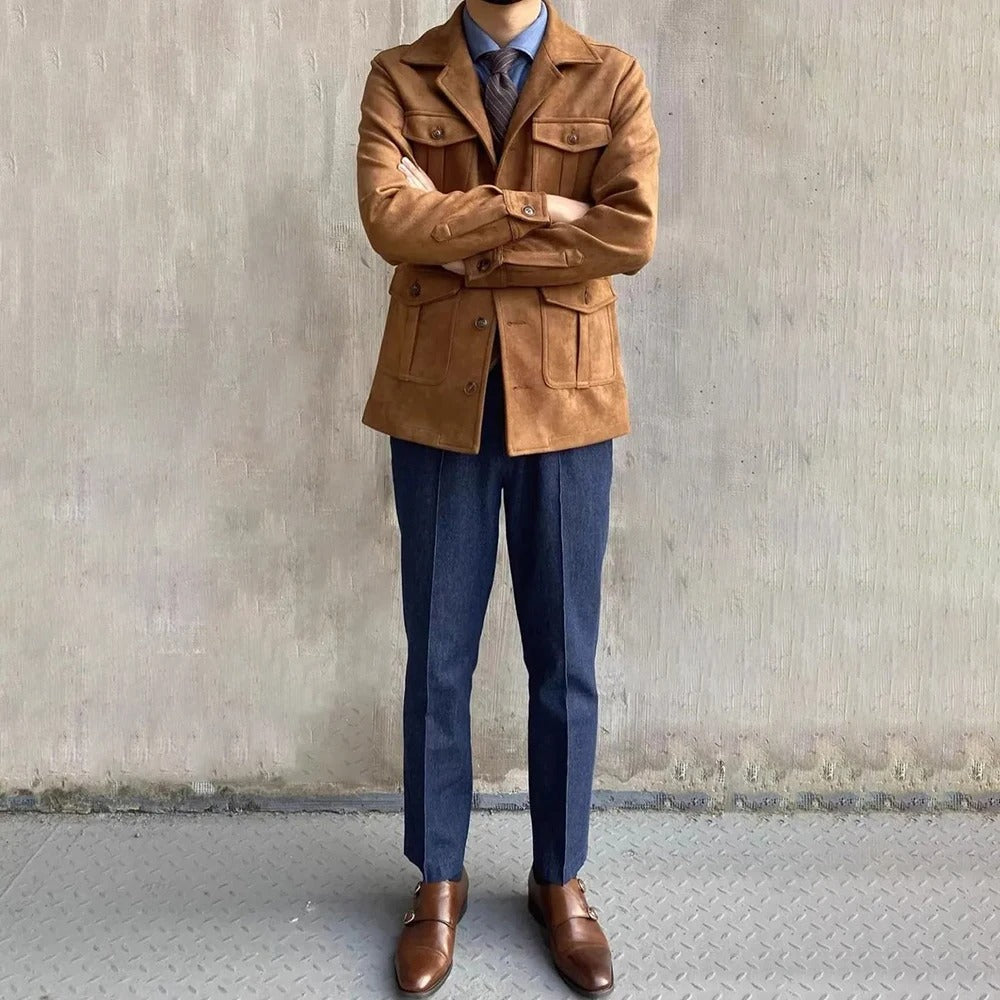 Men's Suede Safari Field Jacket - Button Front Style