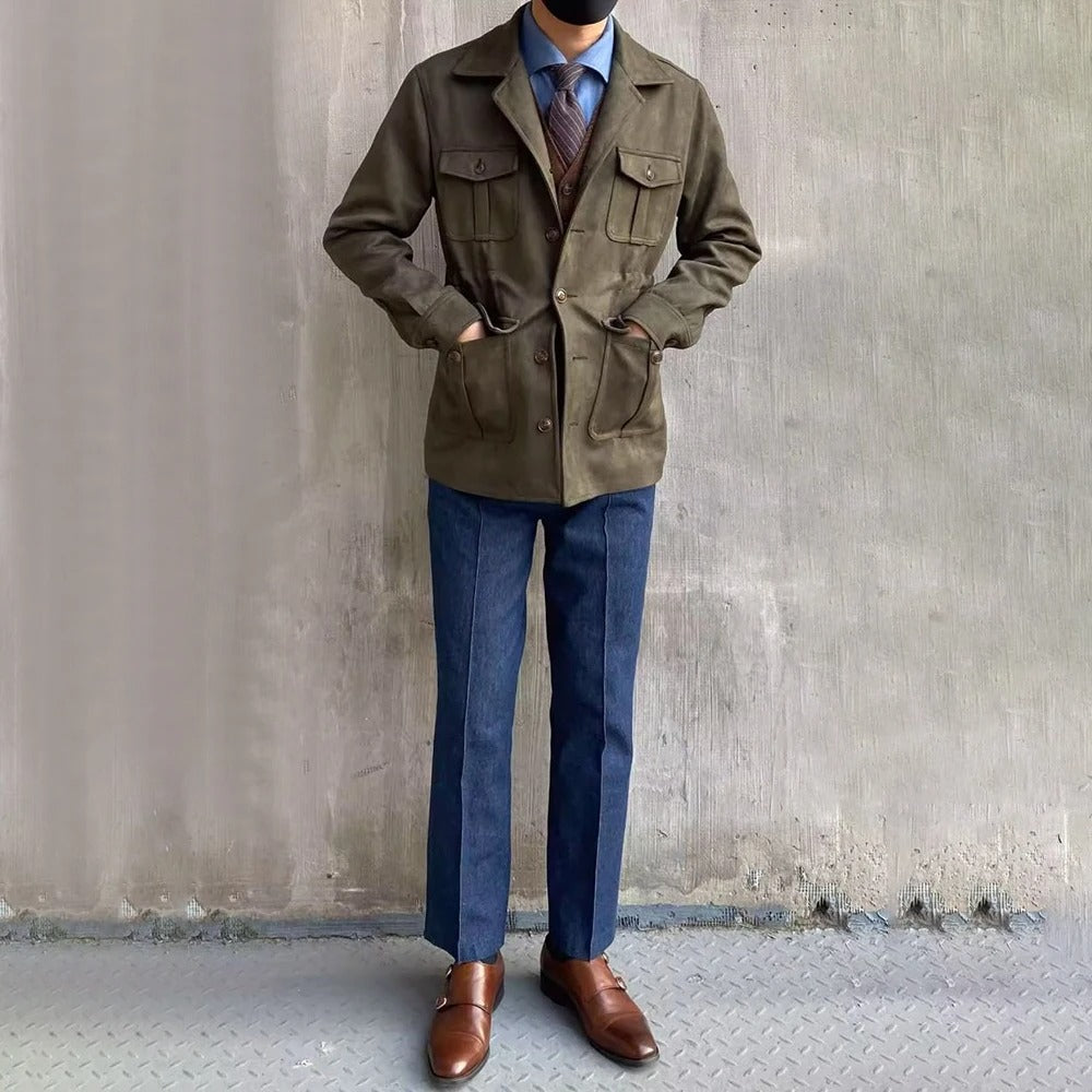 Men's Suede Safari Field Jacket - Button Front Style