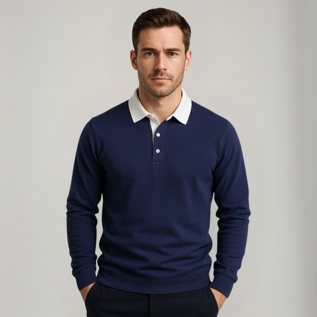 Men's Sweater Long Sleeve Polo Jumper Cotton Casual Navy Blue 1
