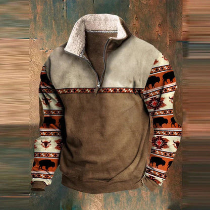 Men's Vintage Graphic Patchwork Sweater - Long Sleeve Zip