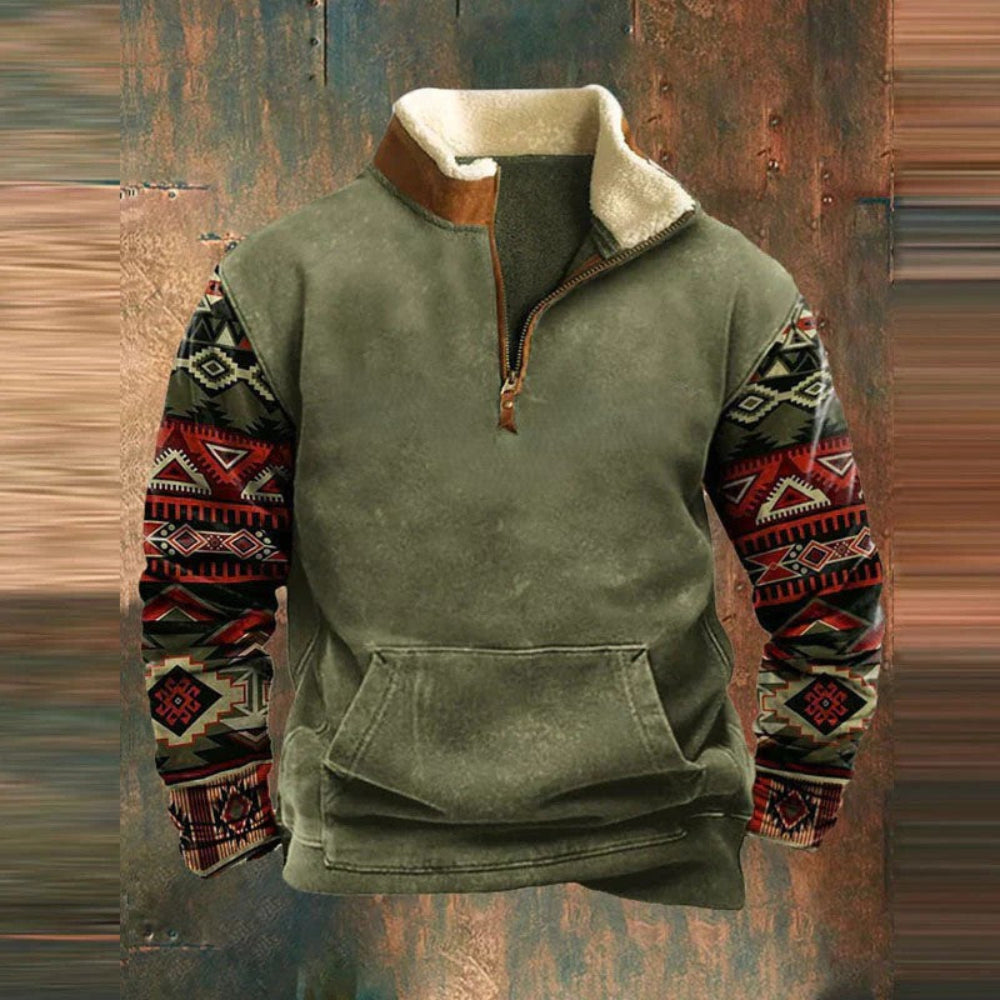 Men's Vintage Graphic Patchwork Sweater - Long Sleeve Zip
