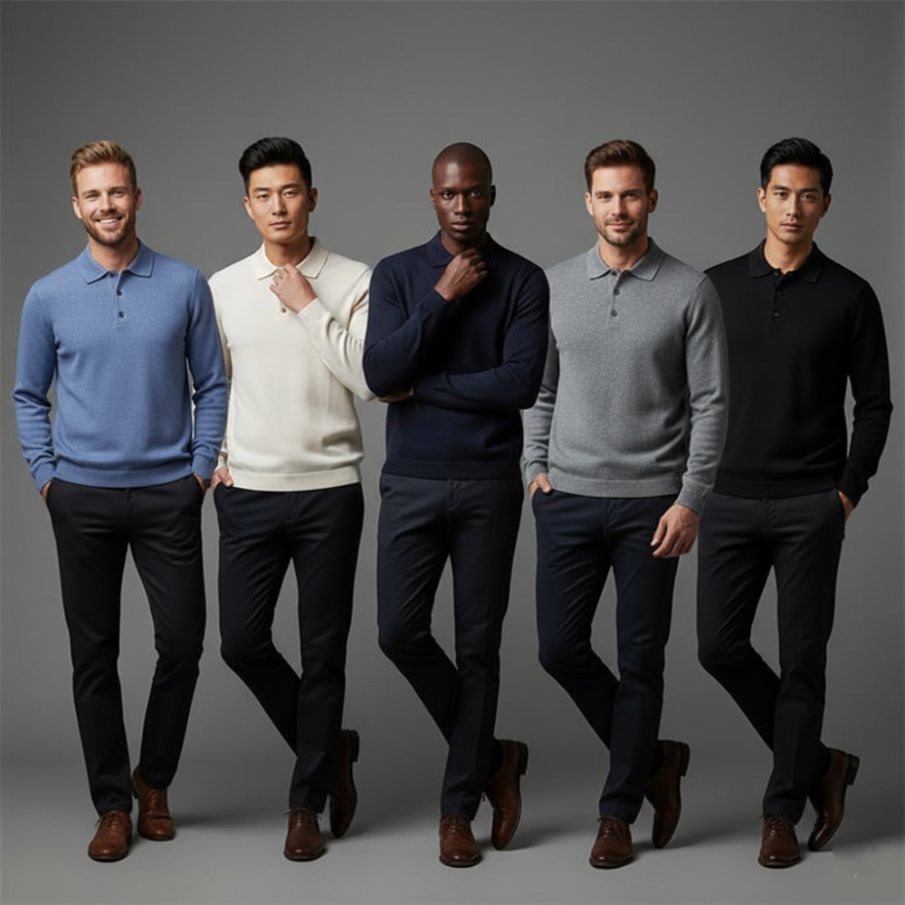 Mens Long Sleeve Polo Jumper - Button Front Pullover