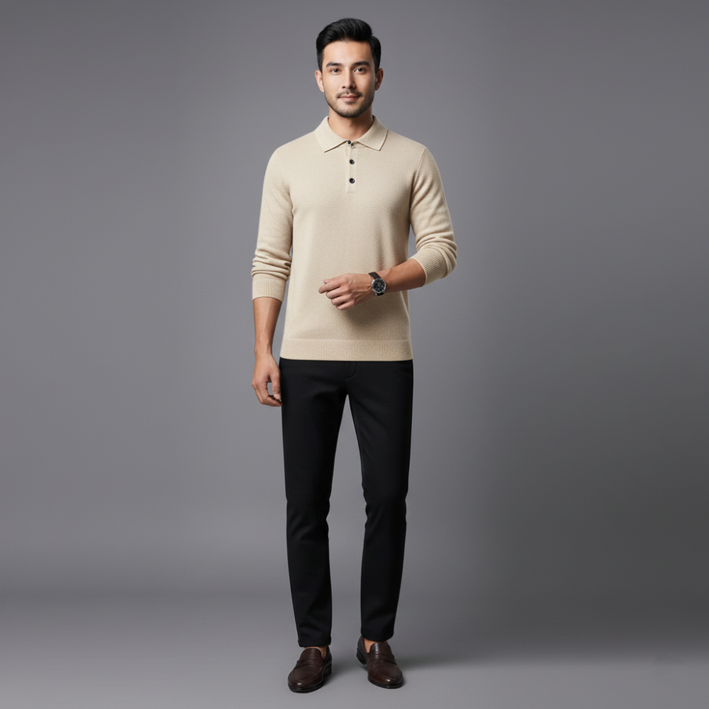Mens Long Sleeve Polo Jumper - Button Front Pullover