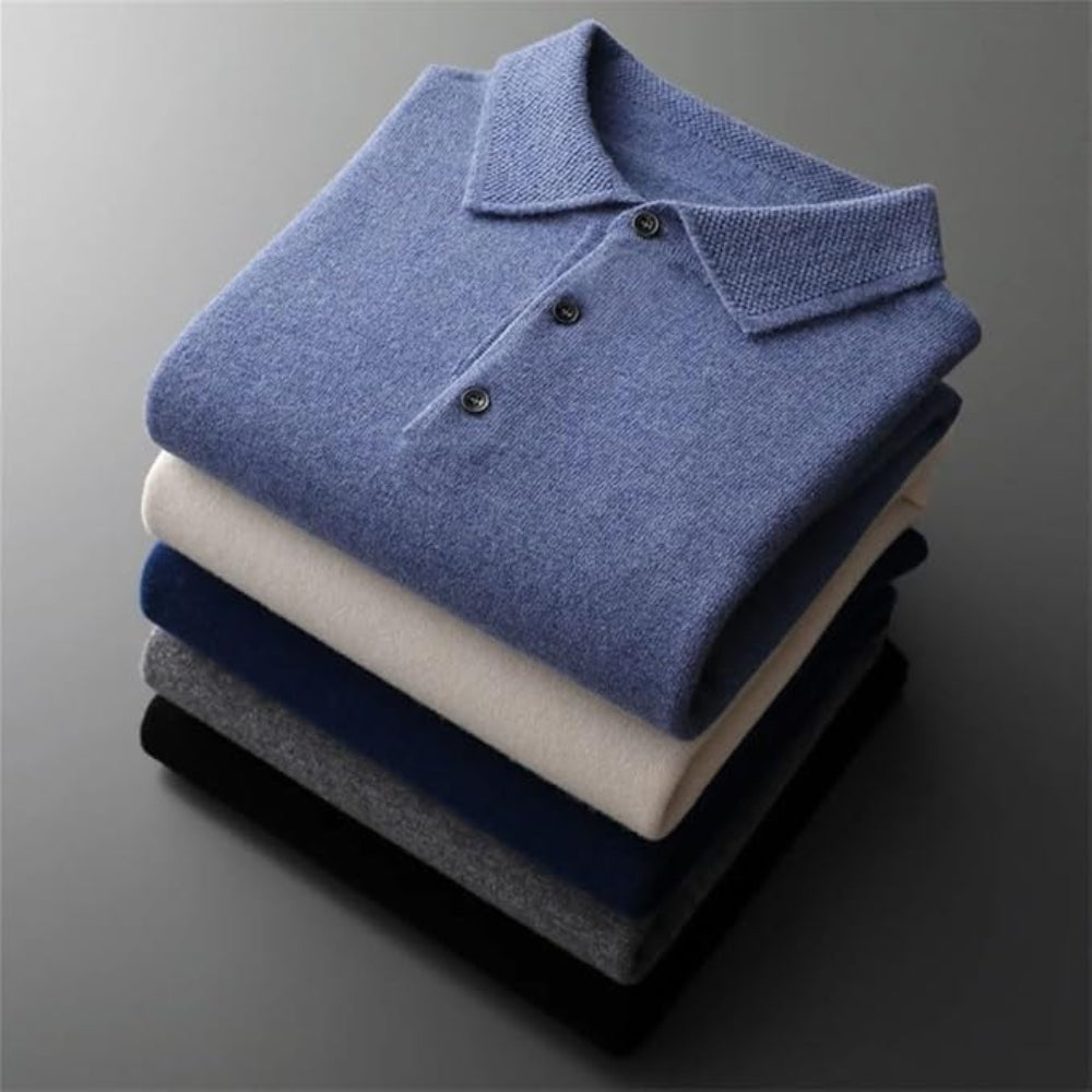 Mens Long Sleeve Polo Jumper - Button Front Pullover