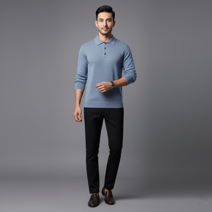 Mens Long Sleeve Polo Jumper - Button Front Pullover