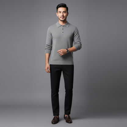 Mens Long Sleeve Polo Jumper - Button Front Pullover
