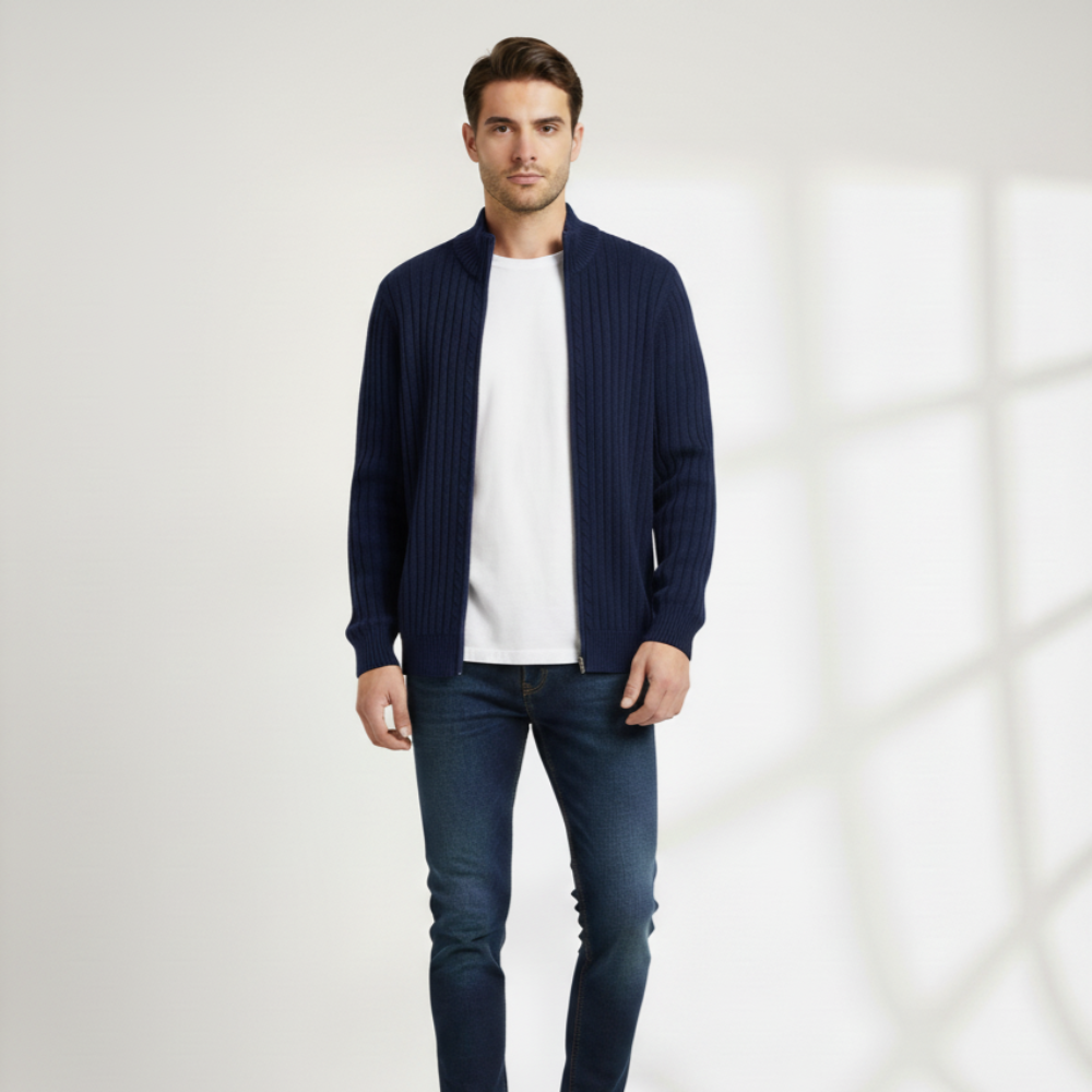 Men's Modern Knit Zip Cardigan - Ribbed Long Sleeve