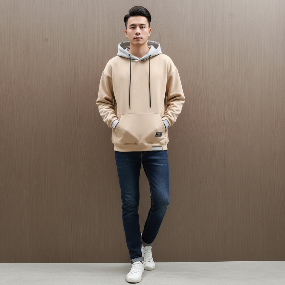 Men's Oversized Pullover Hoodie - Drawstring Contrast