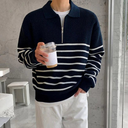 Mens Striped Quarter Zip Pullover Sweater - Long Sleeve