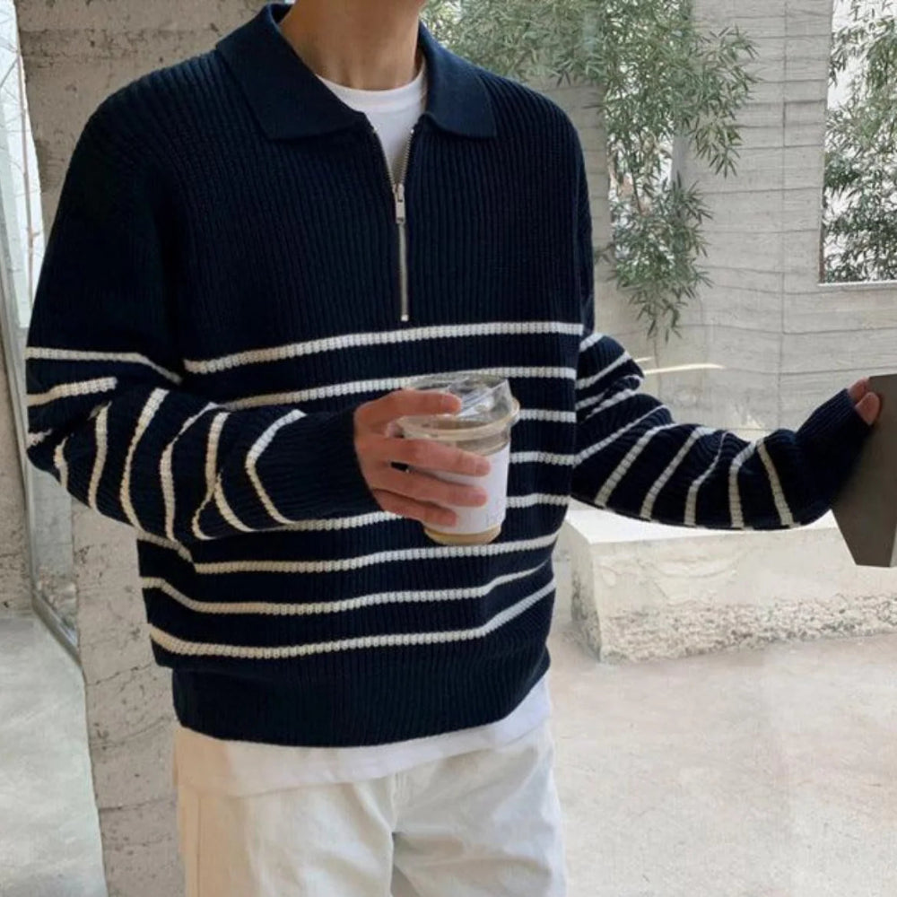 Mens Striped Quarter Zip Pullover Sweater - Long Sleeve