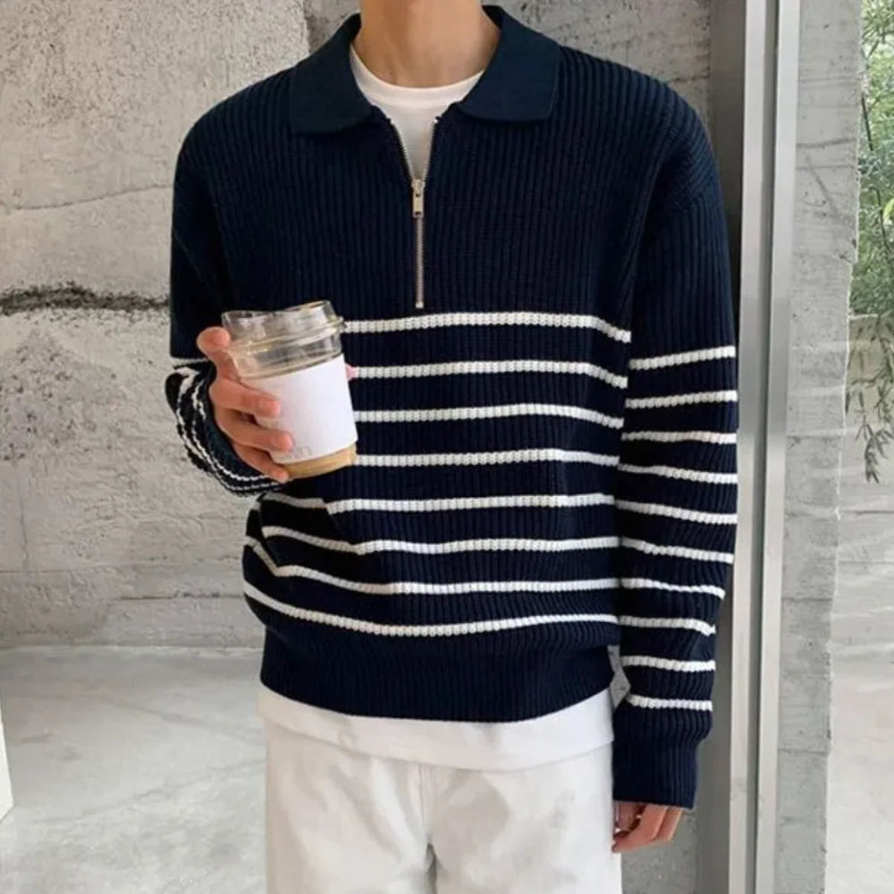 Mens Striped Quarter Zip Pullover Sweater - Long Sleeve