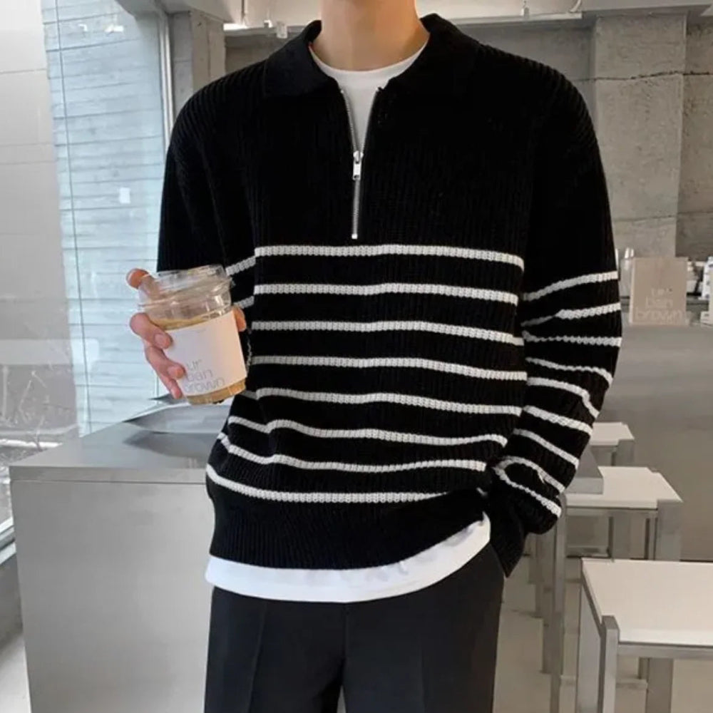 Mens Striped Quarter Zip Pullover Sweater - Long Sleeve