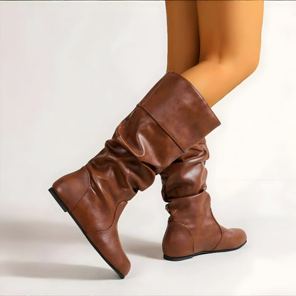 Women Flat Knee High Boots – Slouch Faux Leather