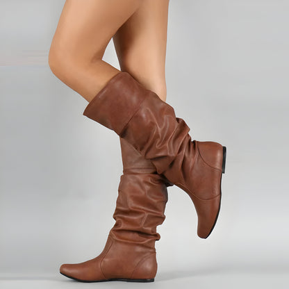 Women Flat Knee High Boots – Slouch Faux Leather