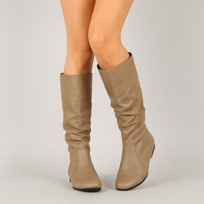 Women Flat Knee High Boots – Slouch Faux Leather
