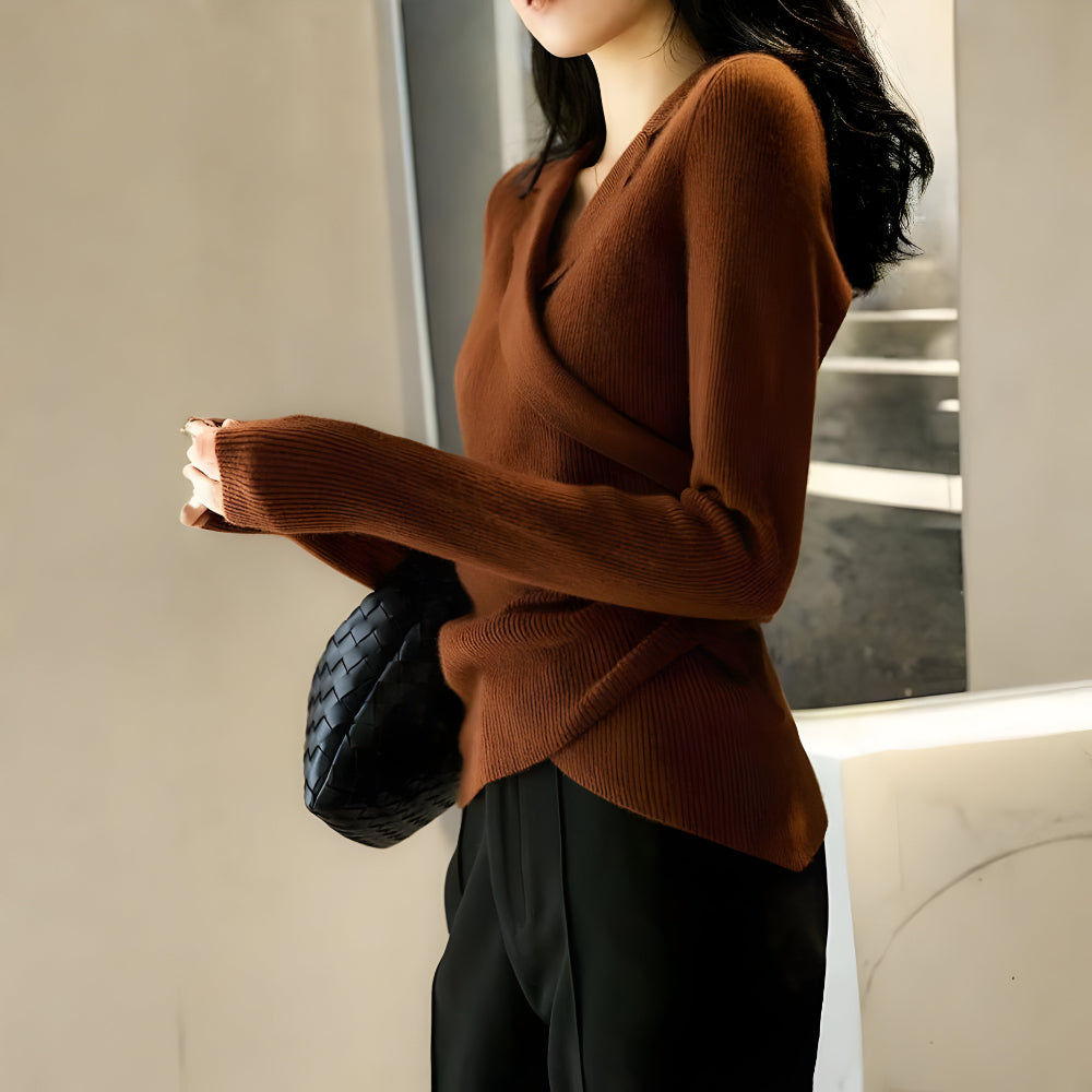 Women Slim Fit Knit Sweater – Long Sleeve V Neck