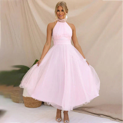 Women's Elegant Halter Formal Dress - Tulle Midi