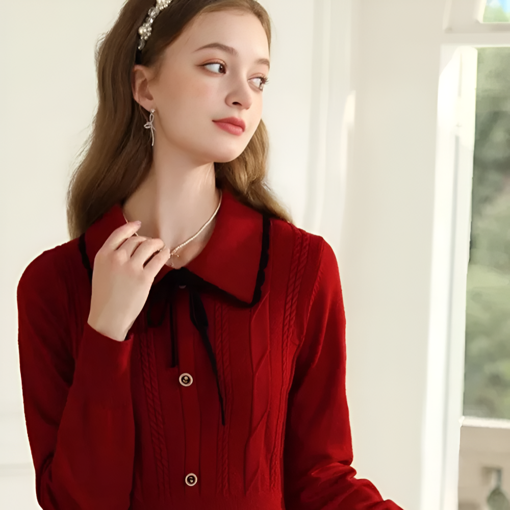 Women's Elegant Knit Christmas Dress - Long Sleeve Midi