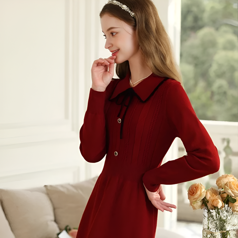 Women's Elegant Knit Christmas Dress - Long Sleeve Midi